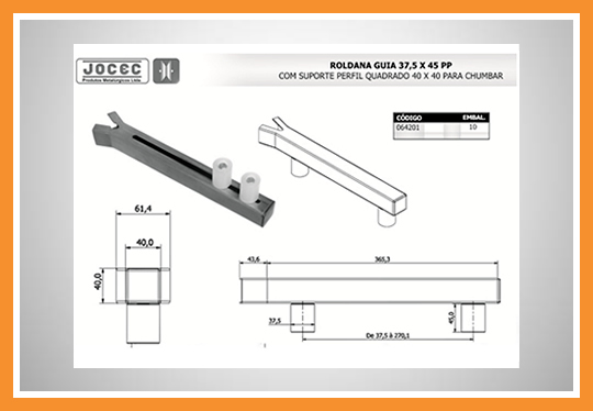 Roldana guia suporte tubo 40mm x 40mm para chumbar